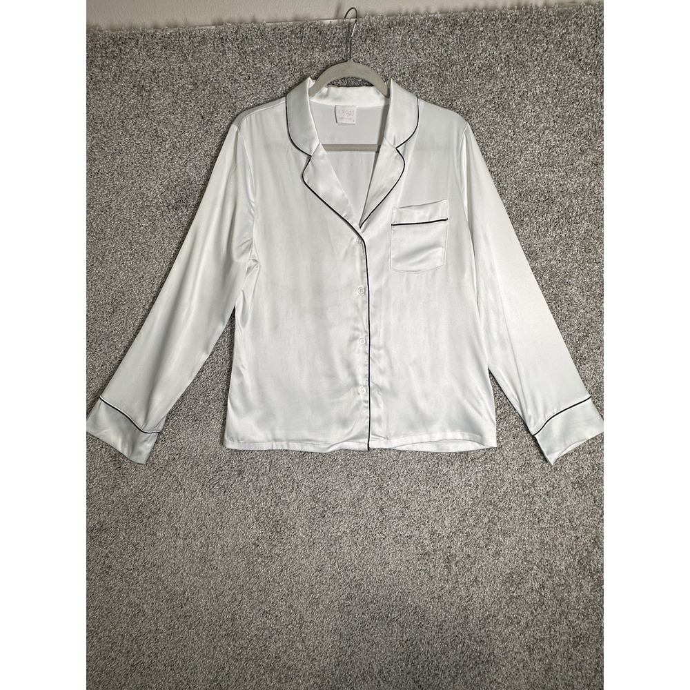 Le Rose Satin Pajama Top White Black Trim Button Front Size S